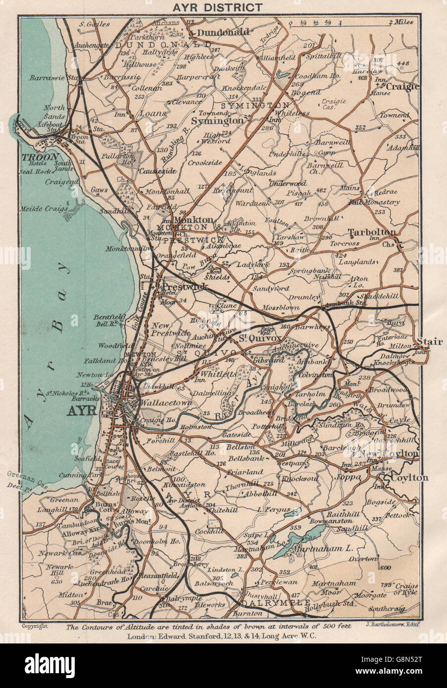Distretto di Ayr. Troon. Monkton. Vintage map. La Scozia. STANFORD, 1905 Foto Stock