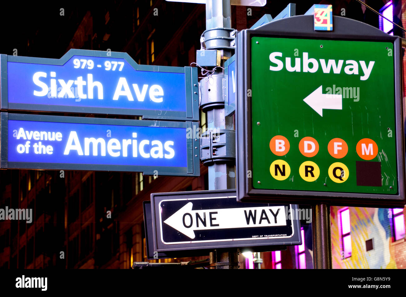 Sesta Avenue, Avenue of the Americas, cartelli stradali, Manhattan, New York City, Stati Uniti d'America Foto Stock