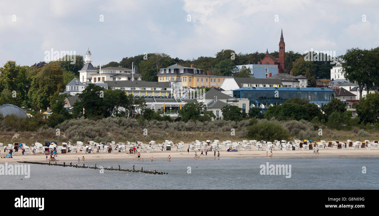 Heringsdorf località balneare, la città e la spiaggia come si vede dal mare, Usedom, Mar Baltico, Meclemburgo-Pomerania Occidentale Foto Stock