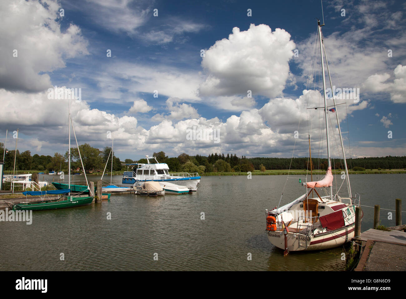 Marina sul lago Usedomer vedere, città di Usedom, isola di Usedom, Meclemburgo-Pomerania, Mar Baltico, PublicGround Foto Stock
