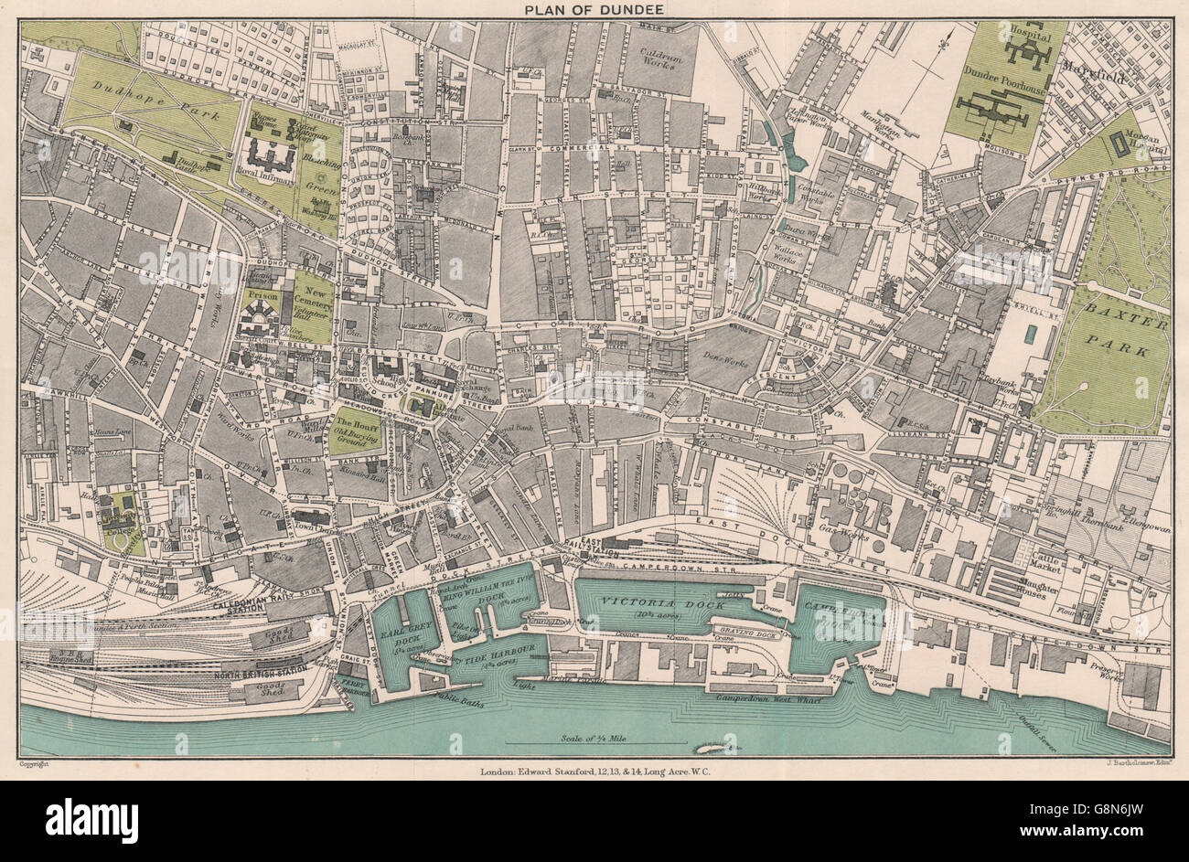 DUNDEE. Vintage town city plan. La Scozia. STANFORD, 1905 Mappa antichi ...