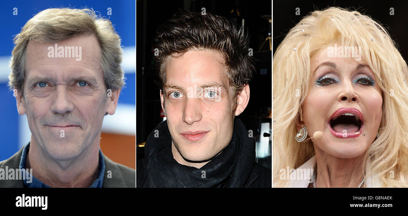 File foto di (da sinistra) Hugh Laurie, James Jagger e Dolly Parton. Foto Stock