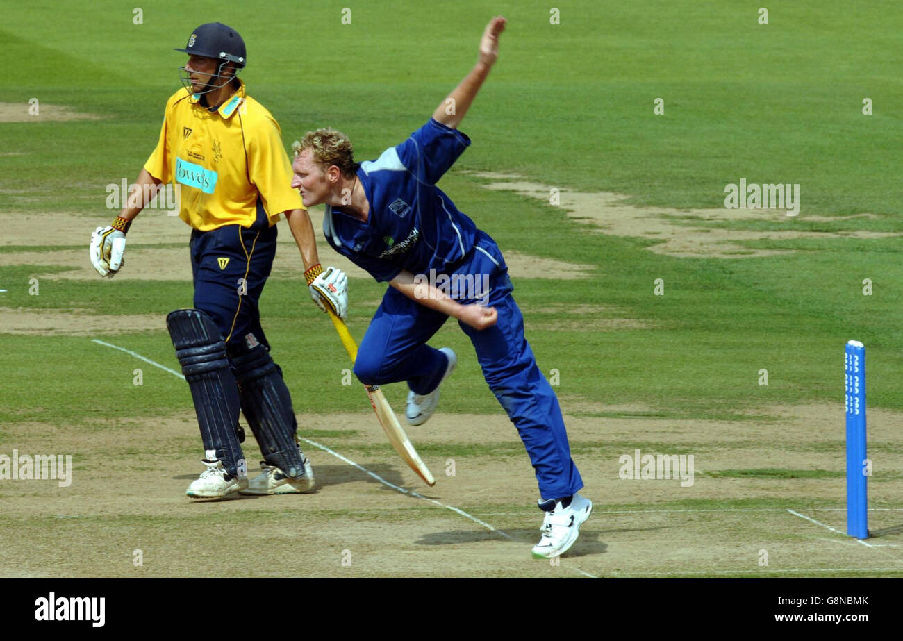 Il Douglas Brown di Warwickshire va a Sean Ervine di Hampshire durante la partita finale del C&G Trophy al Lord's Cricket Ground, Londra, sabato 3 settembre 2005. PREMERE ASSOCIAZIONE foto. Il credito fotografico dovrebbe essere: Sean Dempsey/PA. Foto Stock