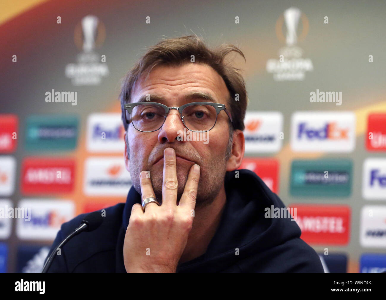 Jurgen Klopp, manager di Liverpool, durante una conferenza stampa al Melwood Training Center di Liverpool. Foto Stock