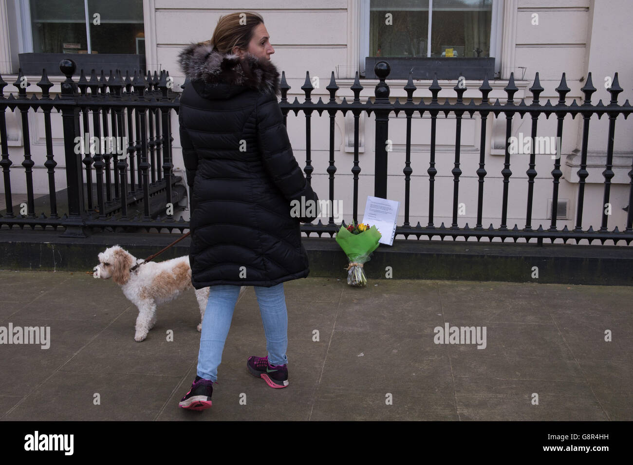 I fiori sono partiti da Alon Mahpud a Hyde Park Gate, Kensington a Londra, dove ha cercato di salvare un ragazzo di un anno morto dopo essere stato colpito da un'auto mentre è stato spinto nel suo grammo da una donna anziana parente. Foto Stock