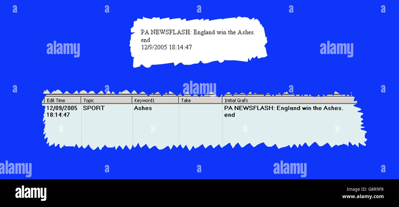 Il flash di notizie dell'associazione della stampa inviato a 18.14, lunedì 12 settembre 2005 dopo che l'Inghilterra ha vinto le ceneri per la prima volta in 18 anni. Quando l'Inghilterra ha vinto l'ultimo Ashes nel 1987, i tifosi hanno potuto festeggiare con una pinta di lager ad un costo di appena 93p o una pinta di 83p amaro. I tifosi tentati per qualcosa di un po' più forte potrebbero gustare un whisky a 68p un colpo. La benzina era 38p al litro e una pinta di latte pastorizzato era 25p. Reet Petite di Jackie Wilson è stato il numero uno colpito nelle classifiche dei singoli. Vedere PA Story SPORT Ashes. PREMERE ASSOCIAZIONE foto. Il credito fotografico dovrebbe essere: PA. Foto Stock