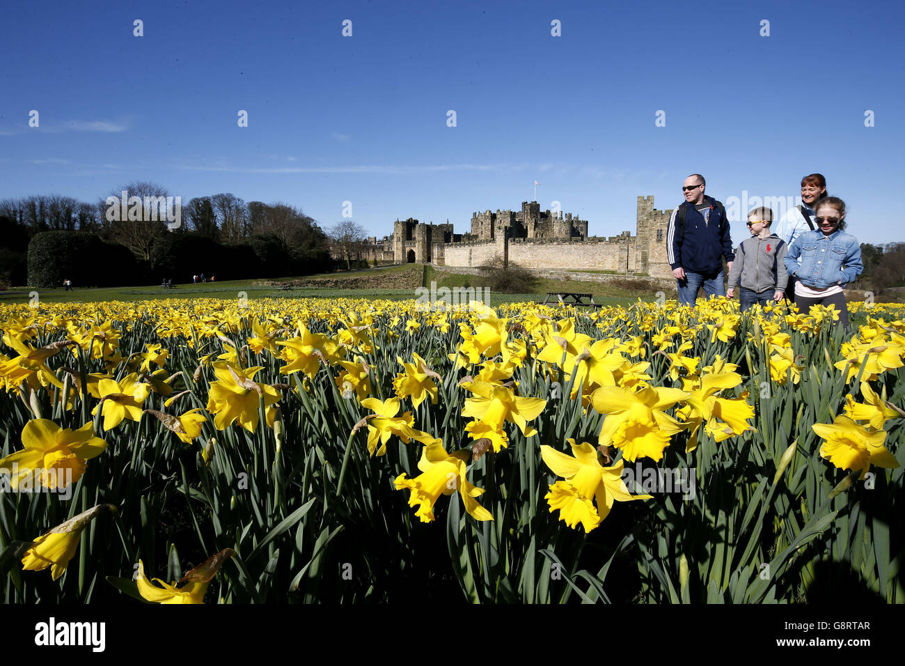 La gente gode del tempo soleggiato al Castello di Alnwick nel Northumberland. Foto Stock