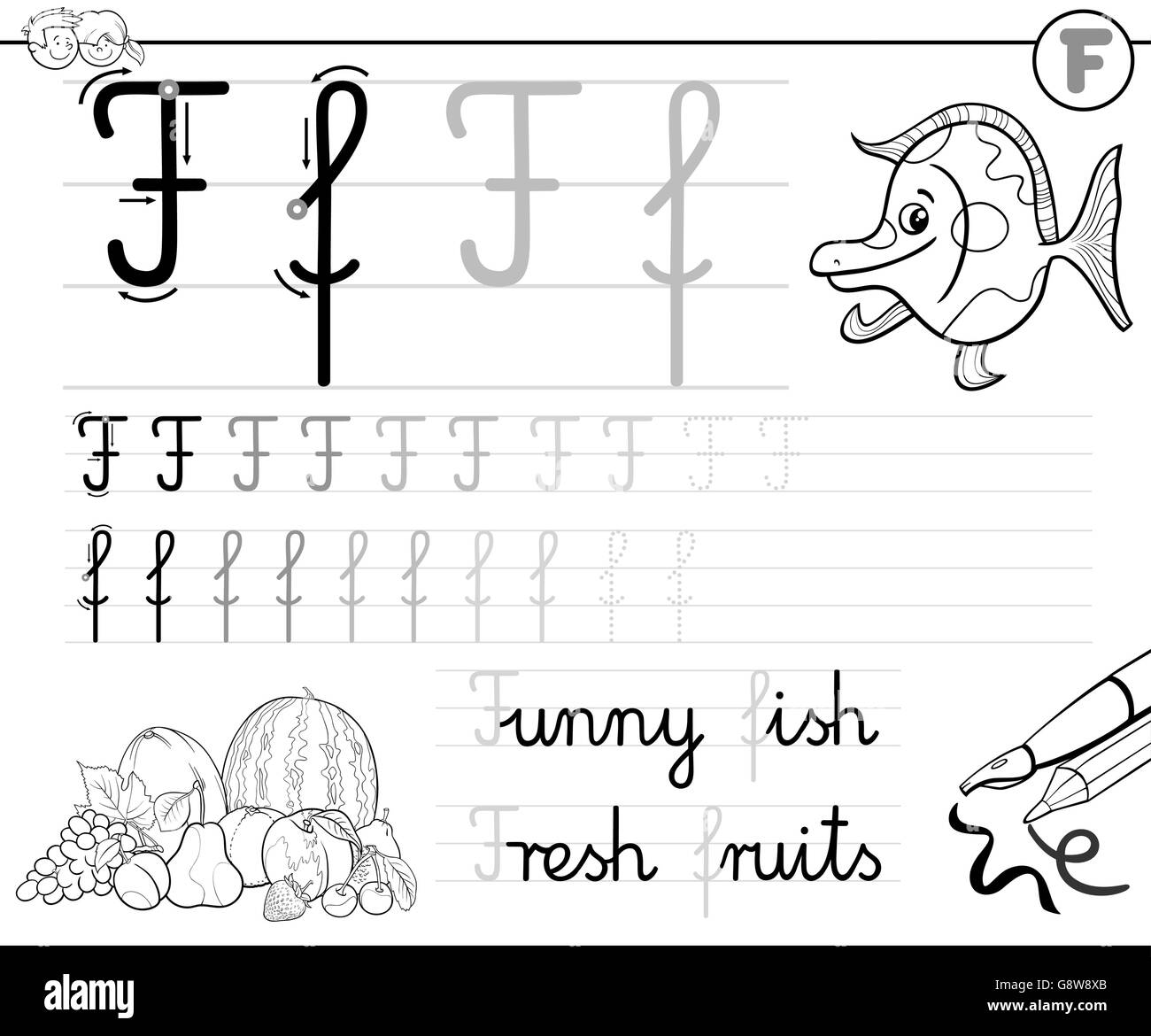Bianco e Nero Cartoon illustrazione di abilità di scrittura pratica con la lettera F Foglio di lavoro per i bambini Libro da colorare Illustrazione Vettoriale