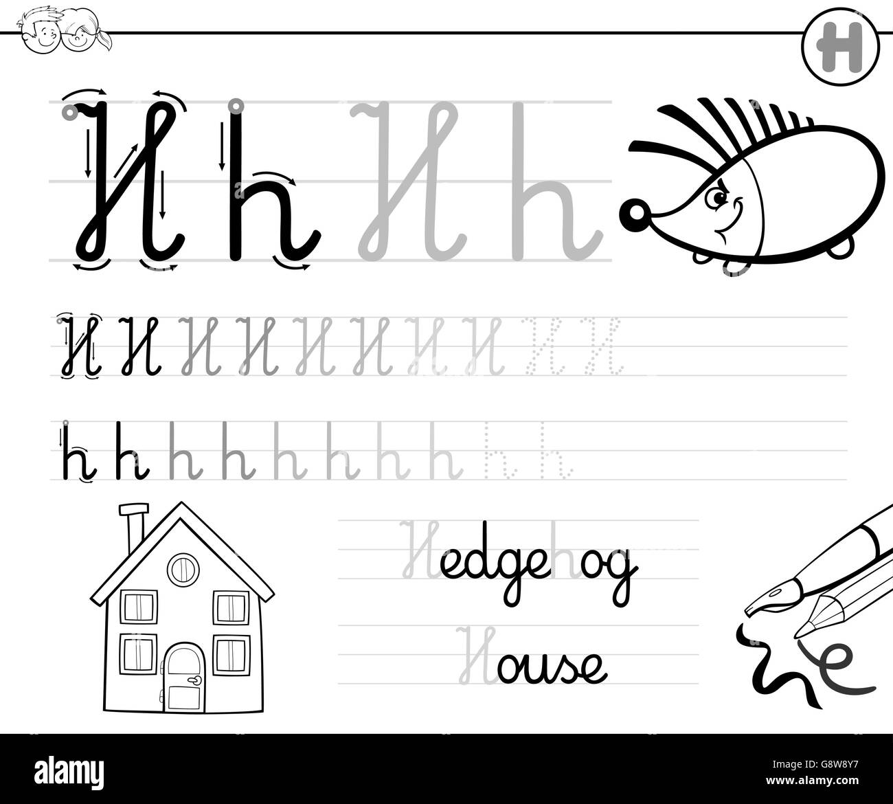 Bianco e Nero Cartoon illustrazione di abilità di scrittura pratica con la lettera H Foglio di lavoro per i bambini Libro da colorare Illustrazione Vettoriale