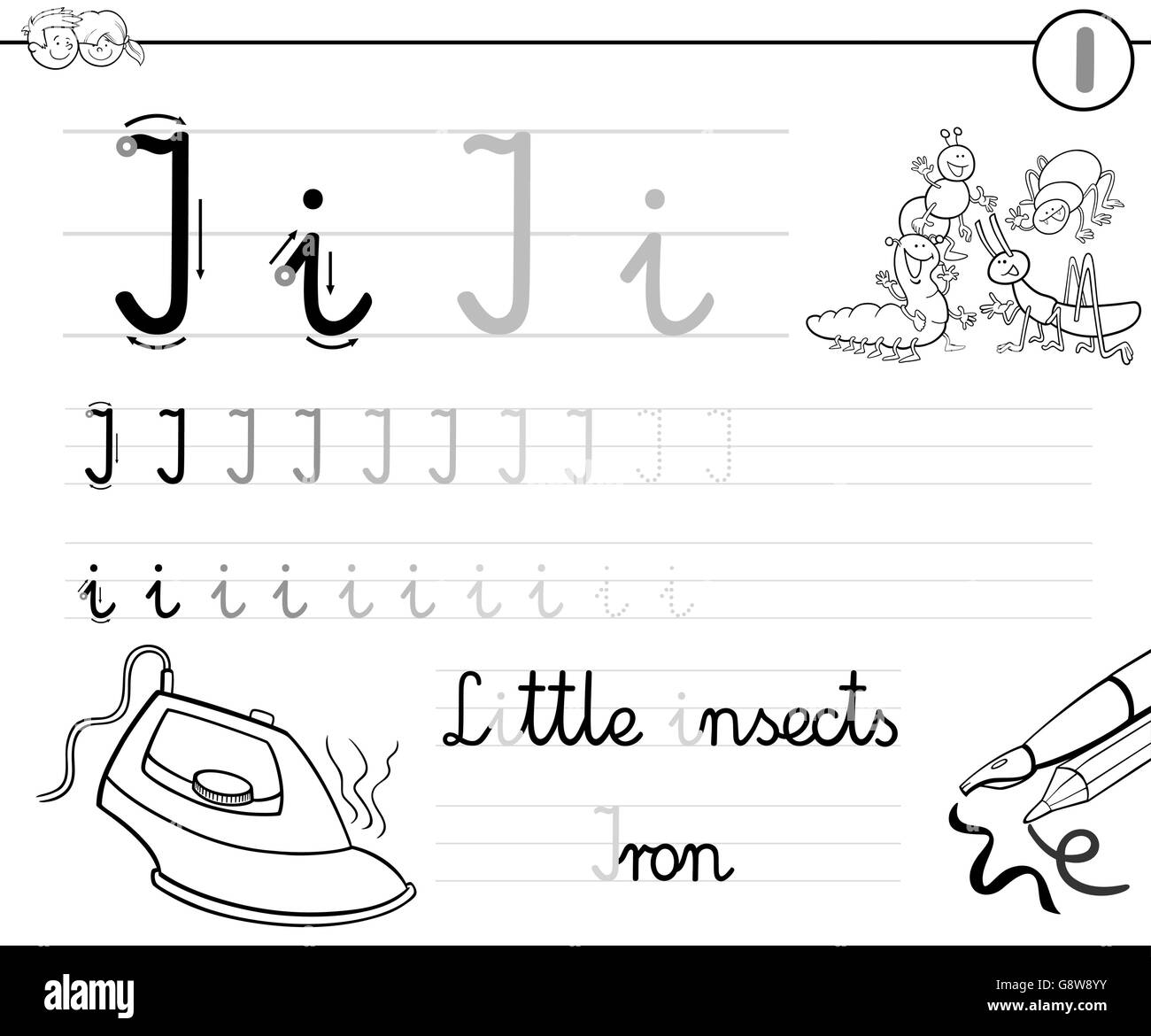 Bianco e Nero Cartoon illustrazione di abilità di scrittura pratica con la lettera I Foglio di lavoro per i bambini Libro da colorare Illustrazione Vettoriale