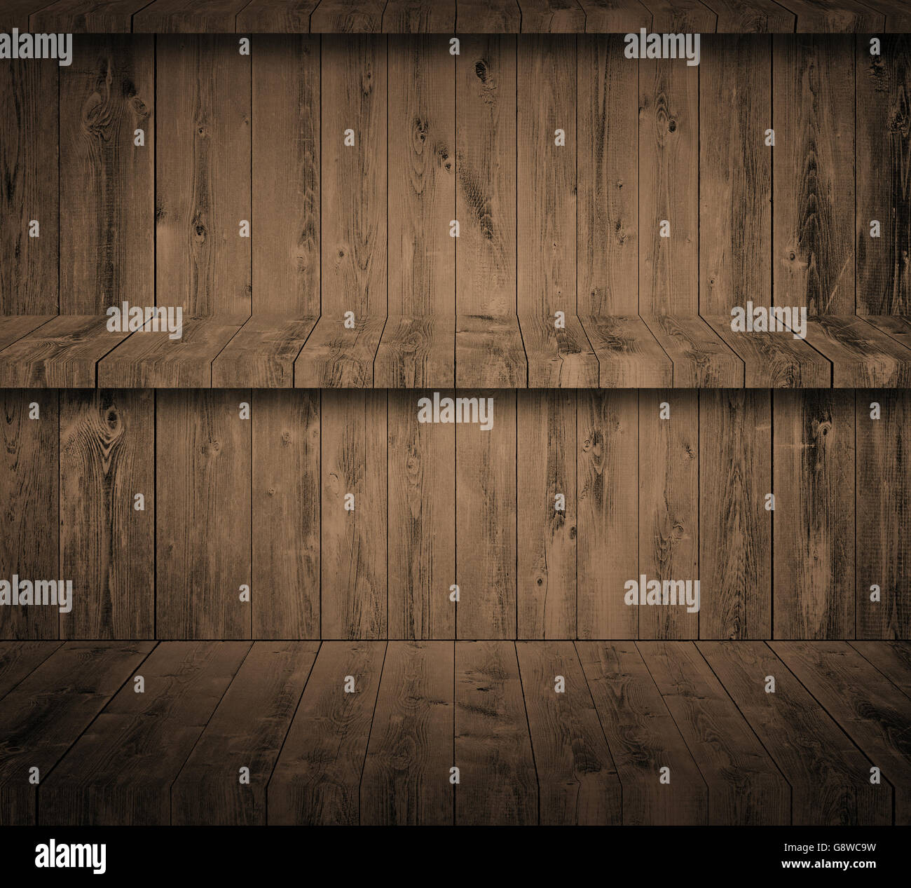 Brown dark grunge parete in legno con ripiani Foto Stock