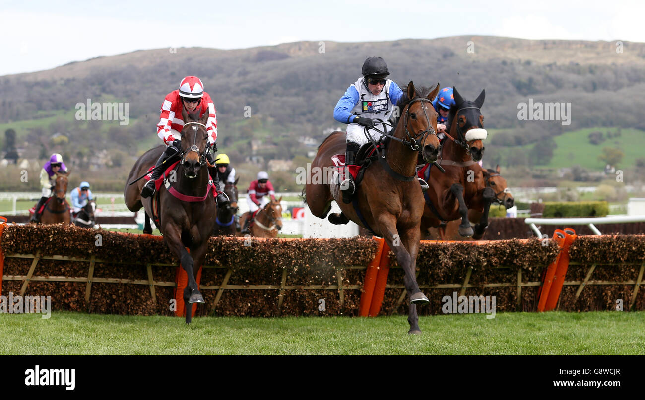 Mister Miyagi guidato da Harry Skelton (al centro) sulla loro strada per la vittoria nel ciclone dei Novizi Citipost durante il primo giorno del meeting di aprile all'ippodromo di Cheltenham. Foto Stock