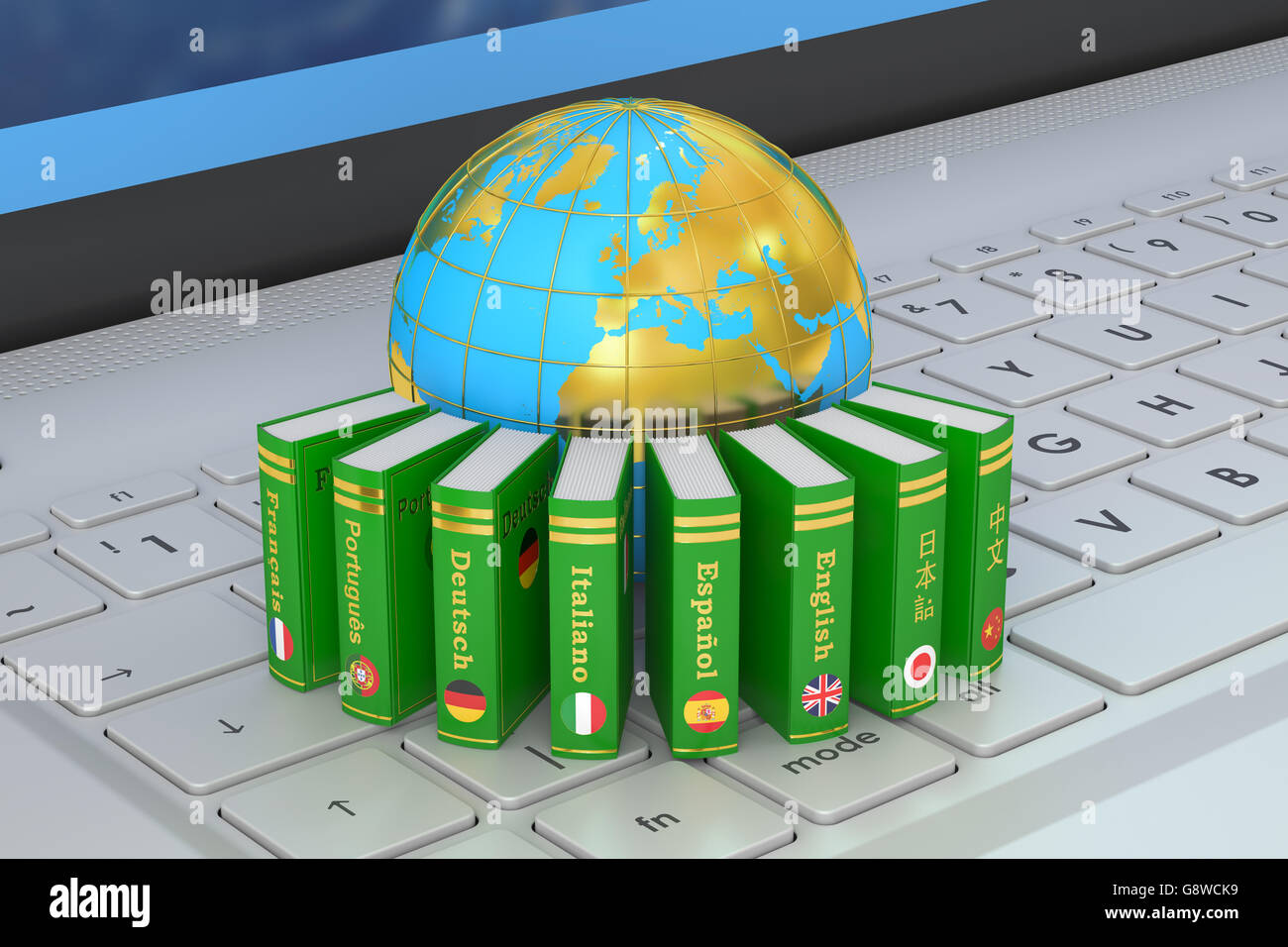 Dizionari con globo sul computer portatili Tastiera. Comunicazione globale concetto, rendering 3D Foto Stock