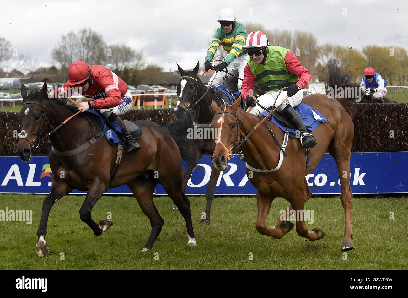 Decisamente rosso (a destra) guidato da Danny Cook sulla sua strada per vincere la Hillhouse Quarry handicap Steeple Chase durante il Ladies Day del Coral Scottish Grand National Festival presso l'ippodromo di Ayr. Foto Stock