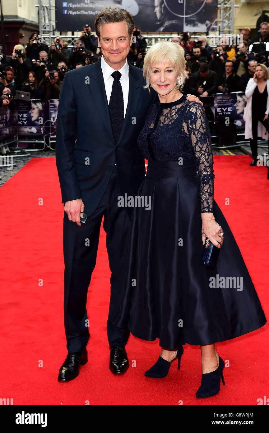 Dame Helen Mirren e Colin Firth partecipano alla prima Eye in the Sky UK tenutasi a Curzon Mayfair, Londra. PREMERE ASSOCIAZIONE foto. Data immagine: Lunedì 11 aprile 2016. Vedi PA Story SHOWBIZ Mirren. Il credito fotografico dovrebbe essere: Ian West/PA Wire Foto Stock