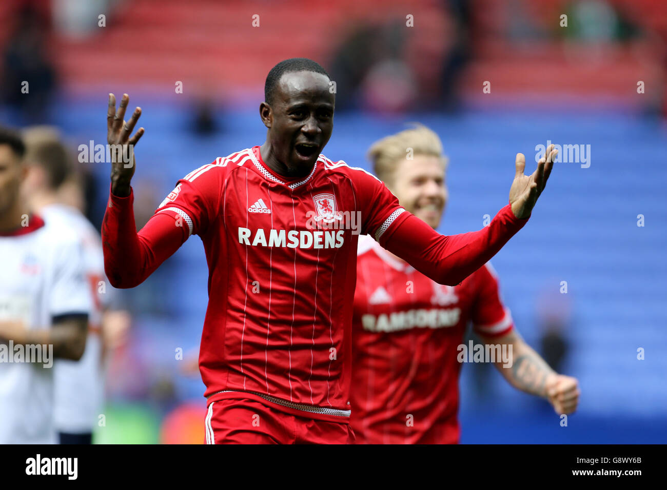 Bolton Wanderers / Middlesbrough - Campionato Sky Bet - Macron Stadium. Albert Adomah di Middlesbrough festeggia dopo la partita del campionato Sky Bet al Macron Stadium di Bolton. Foto Stock