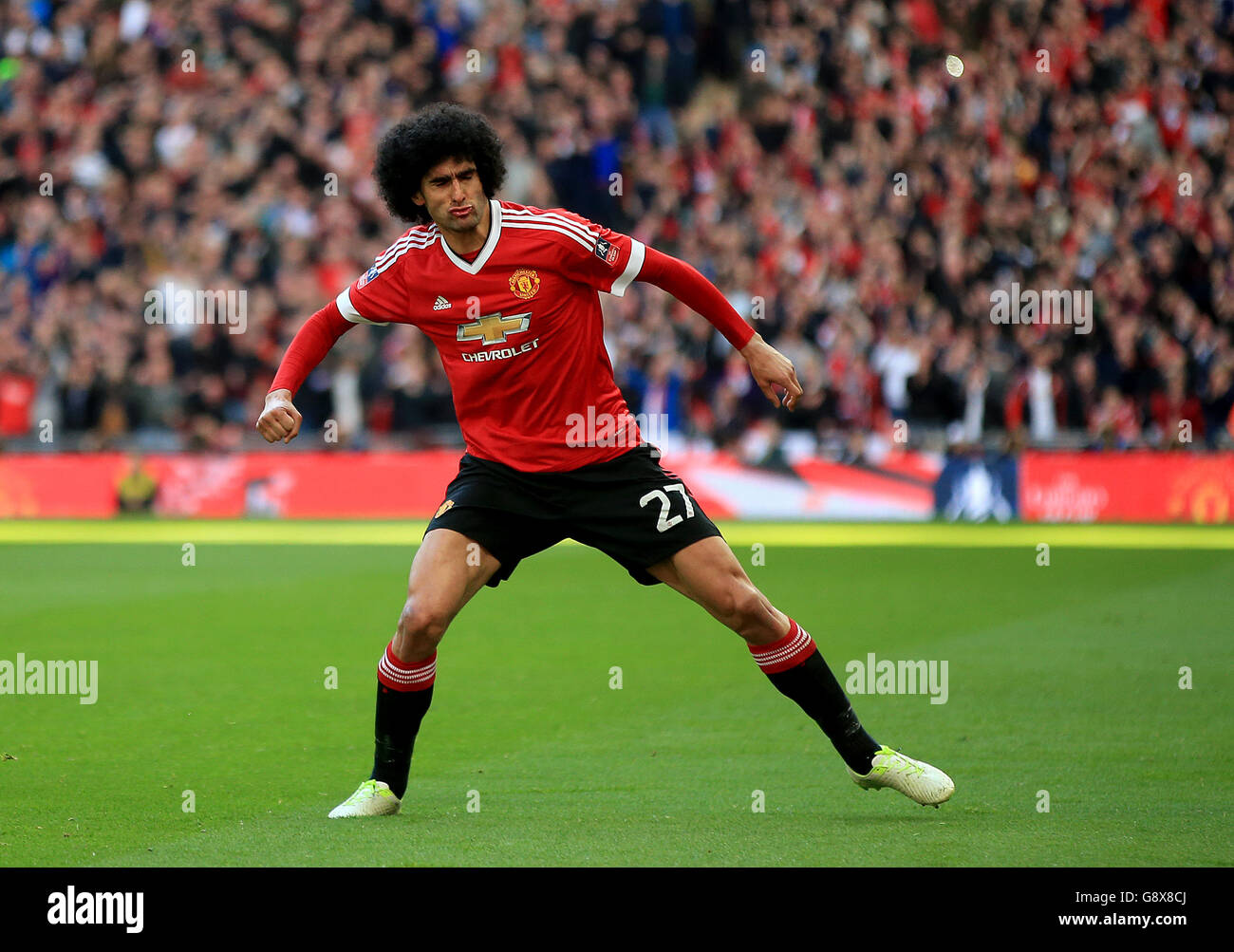 Marouane Fellaini di Manchester United festeggia il suo primo gol della partita durante la Emirates fa Cup, partita semifinale al Wembley Stadium di Londra. Foto Stock