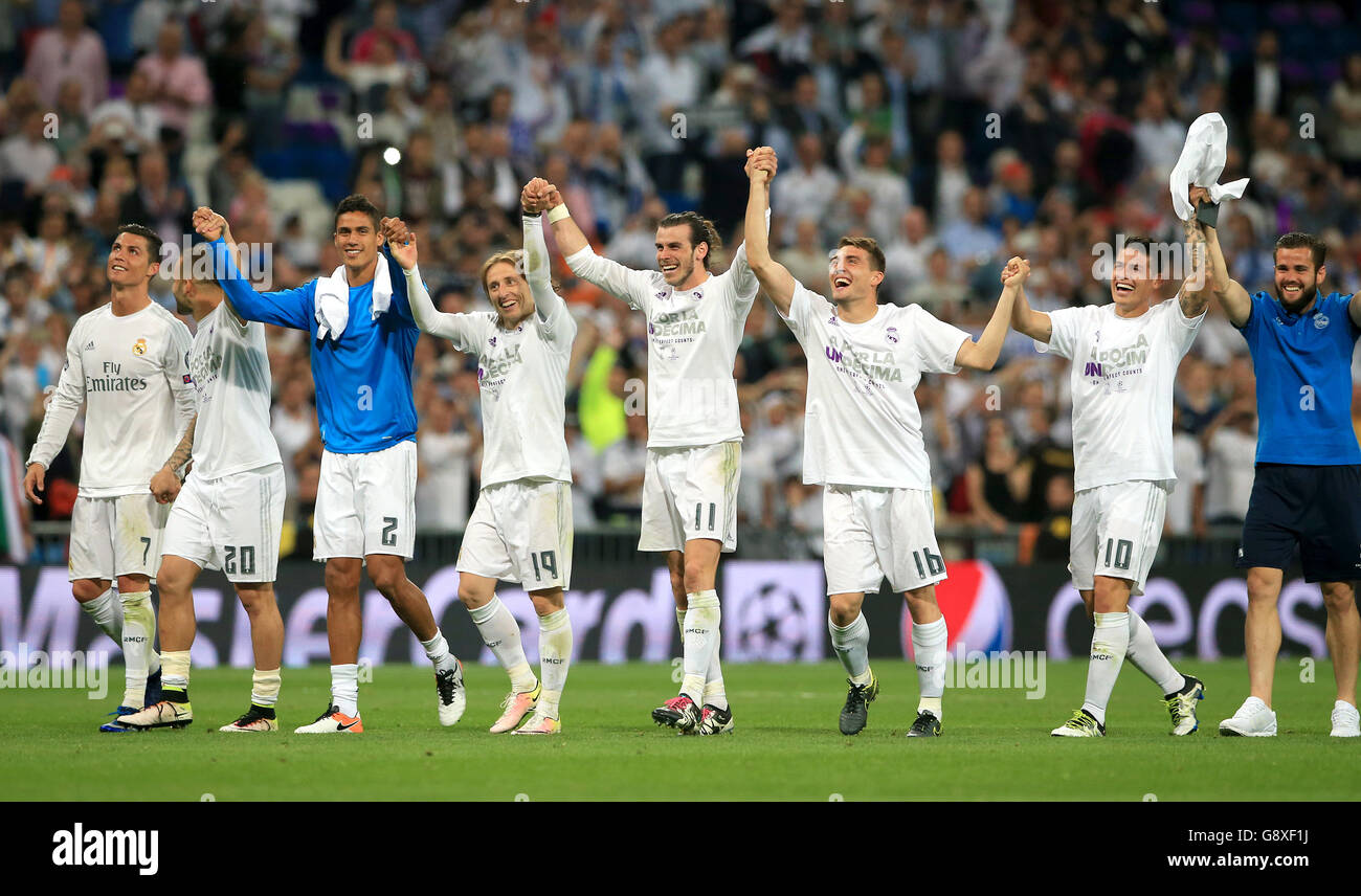 Real Madrid festeggia dopo l'ultimo fischio dopo la semifinale della UEFA Champions League, seconda tappa al Santiago Bernabeu di Madrid. Foto Stock