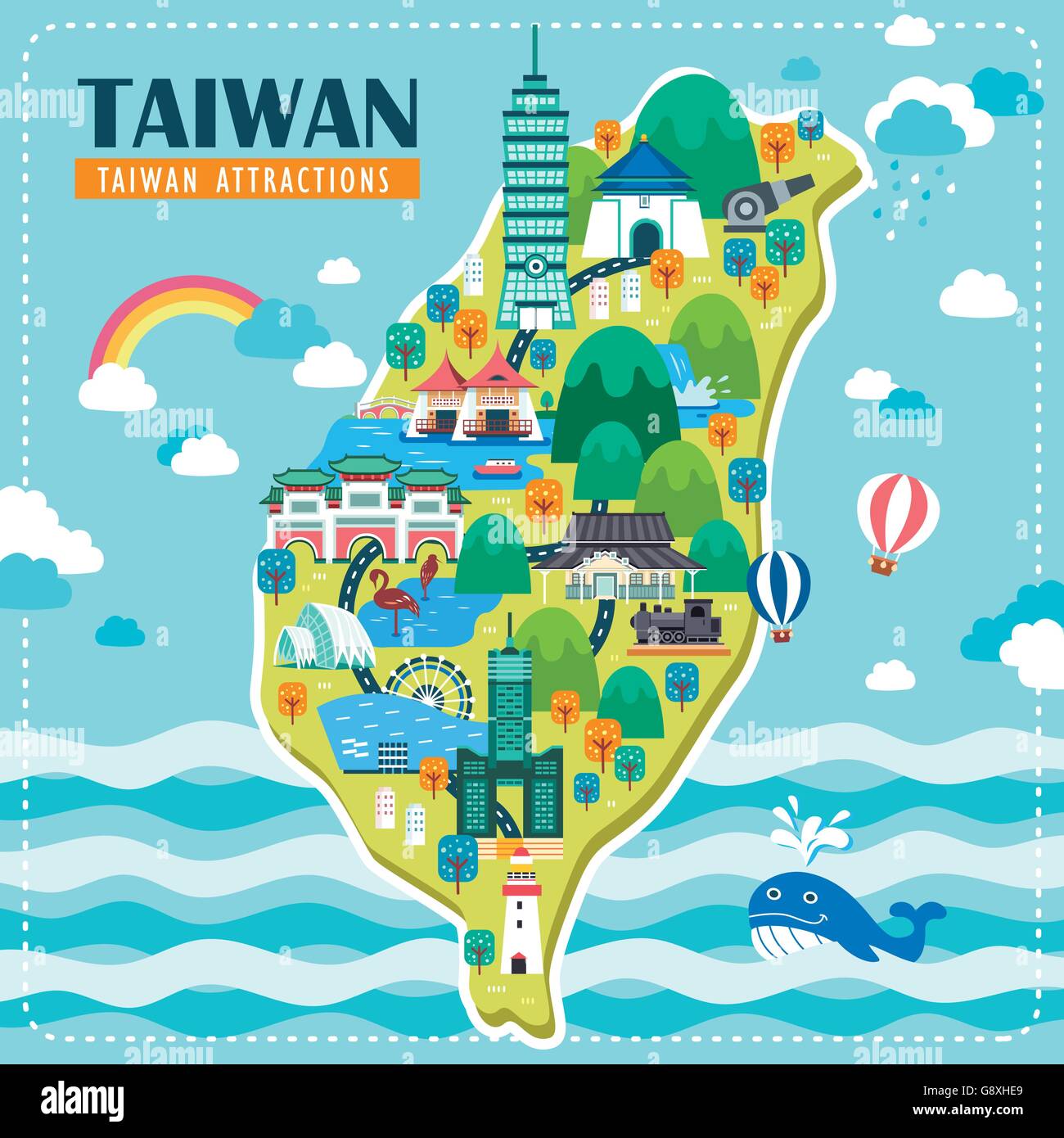 Adorabili Taiwan mappa di viaggio design con le famose attrazioni Illustrazione Vettoriale