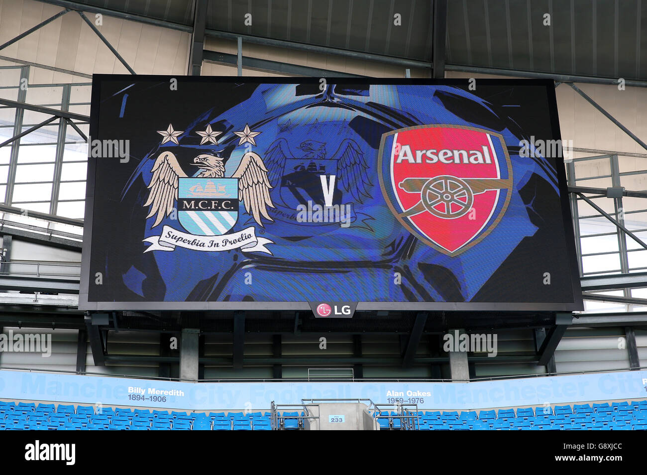 Manchester City / Arsenal - Barclays Premier League - Etihad Stadium. Una vista del grande schermo prima della partita della Barclays Premier League all'Etihad Stadium di Manchester. Foto Stock