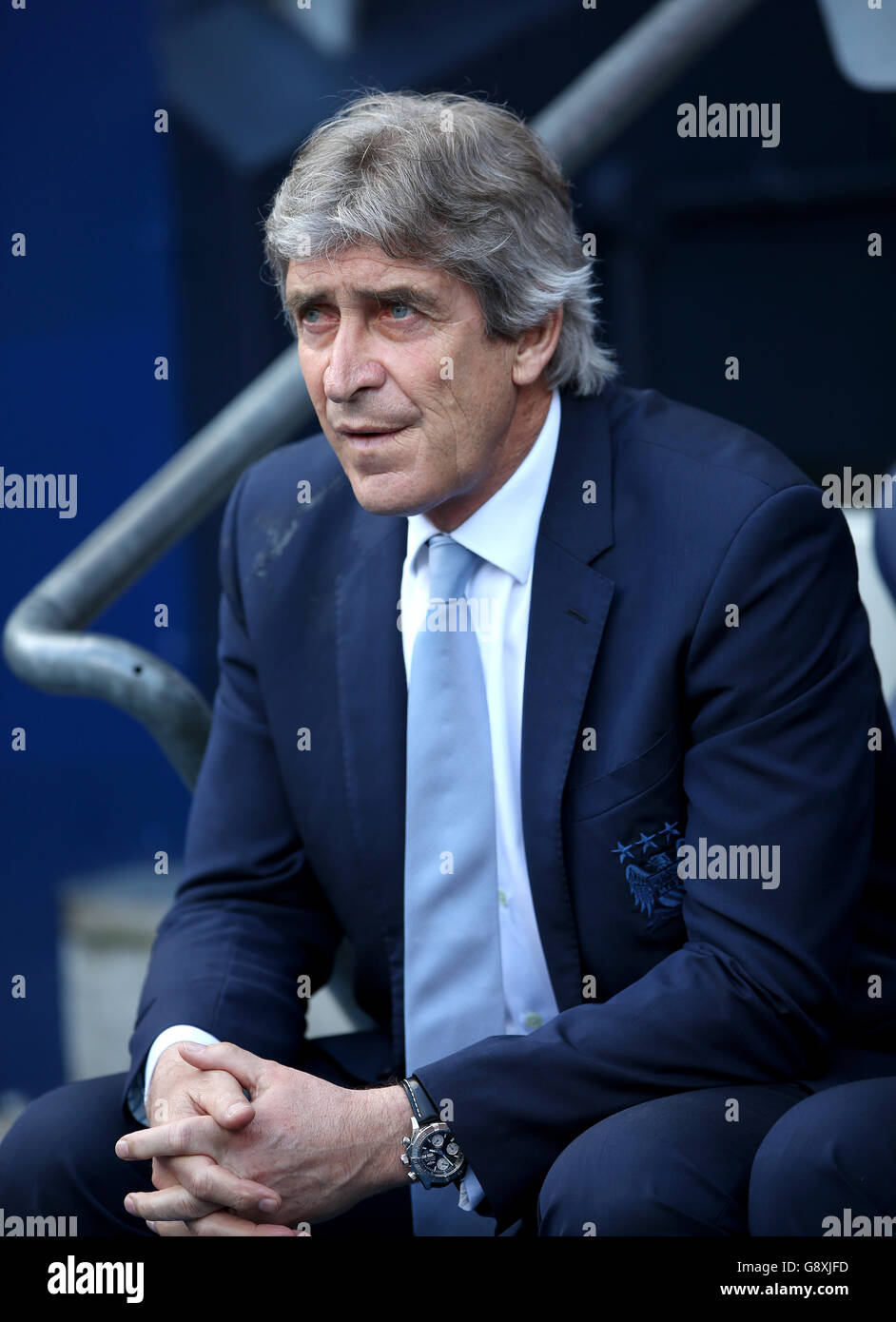 Il manager della città di Manchester Manuel Pellegrini prima della partita della Barclays Premier League all'Etihad Stadium di Manchester. Foto Stock