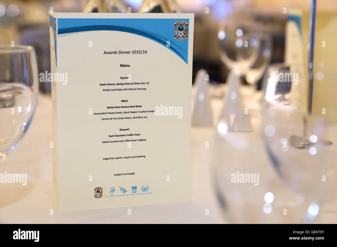 Coventry City End of Season Awards sera. Dettaglio del menu serale stabilito prima della fine della stagione premiazione sera Foto Stock
