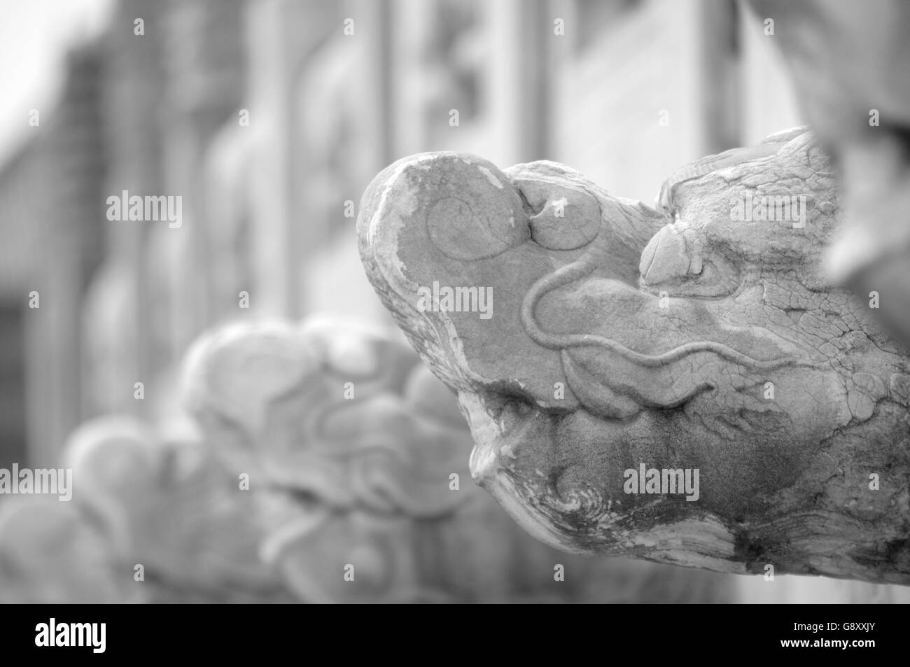 Stone testa di drago dettagli architettonici su un muro di pietra entro la Città Proibita di Pechino Cina su un nuvoloso giorno. Foto Stock
