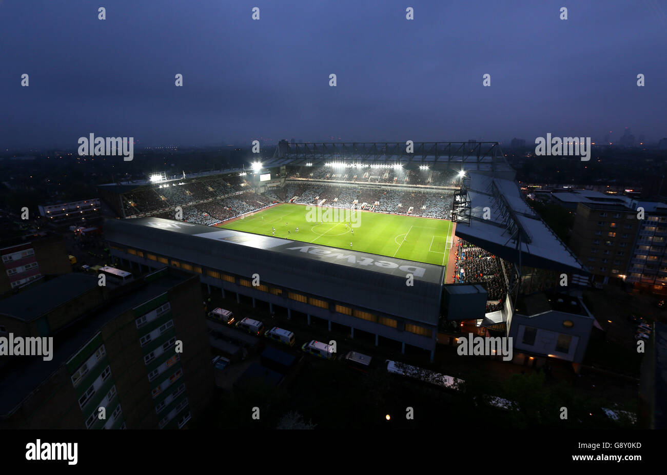 Vista generale della partita tra West Ham United e Manchester United durante l'ultima partita della Barclays Premier League disputata a Upton Park, Londra. Foto Stock