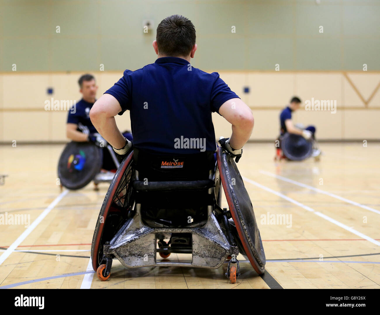 Il dorso della sedia di un giocatore come pratica durante l'annuncio della squadra di rugby su sedia a rotelle ParalympicsGB al Lilleshall National Sports Centre. Foto Stock