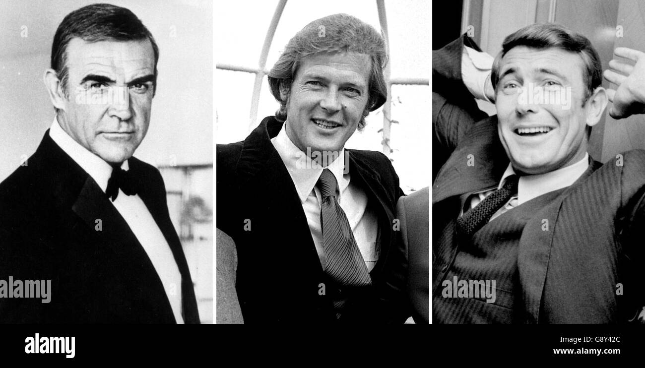File compositi di librerie di ex stelle di James Bond, Sean Connery, Roger Moore e George Lazenby Vedi la storia di PA SHOWBIZ Bond. Il credito fotografico deve essere: PA/PA. Riferimento unico N. 1038873 14-03-1997/ N. 2508977 01-08-1972 / N. 1074429 07-10-1968 Foto Stock