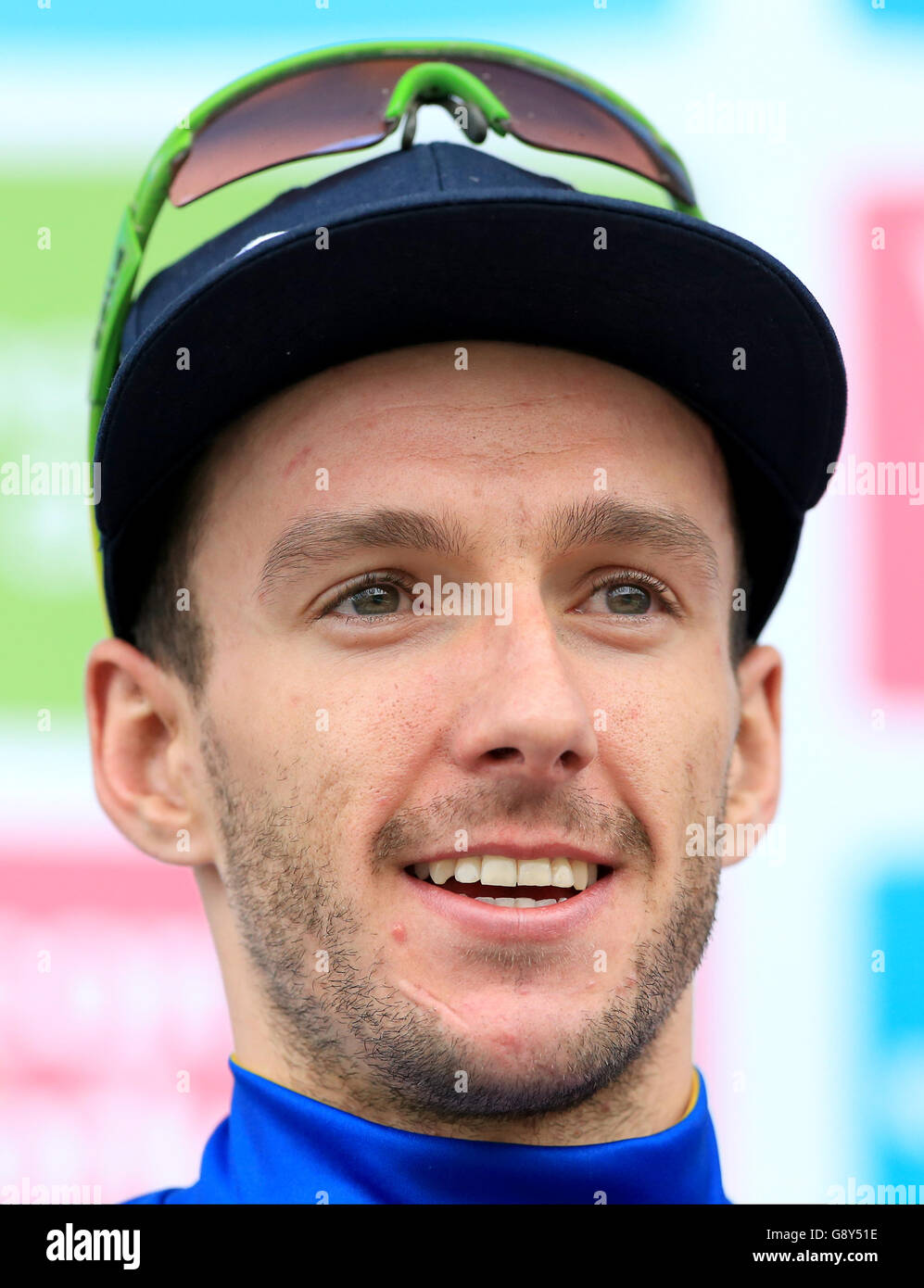 Adam Yates di Orica-Greenedge con la maglia Best British Rider dopo la terza fase del Tour de Yorkshire. PREMERE ASSOCIAZIONE foto. Data immagine: Domenica 1 maggio 2016. Visita il tour CICLISTICO della storia della Pennsylvania de Yorkshire. Il credito fotografico dovrebbe essere: Tim Goode/PA Wire Foto Stock