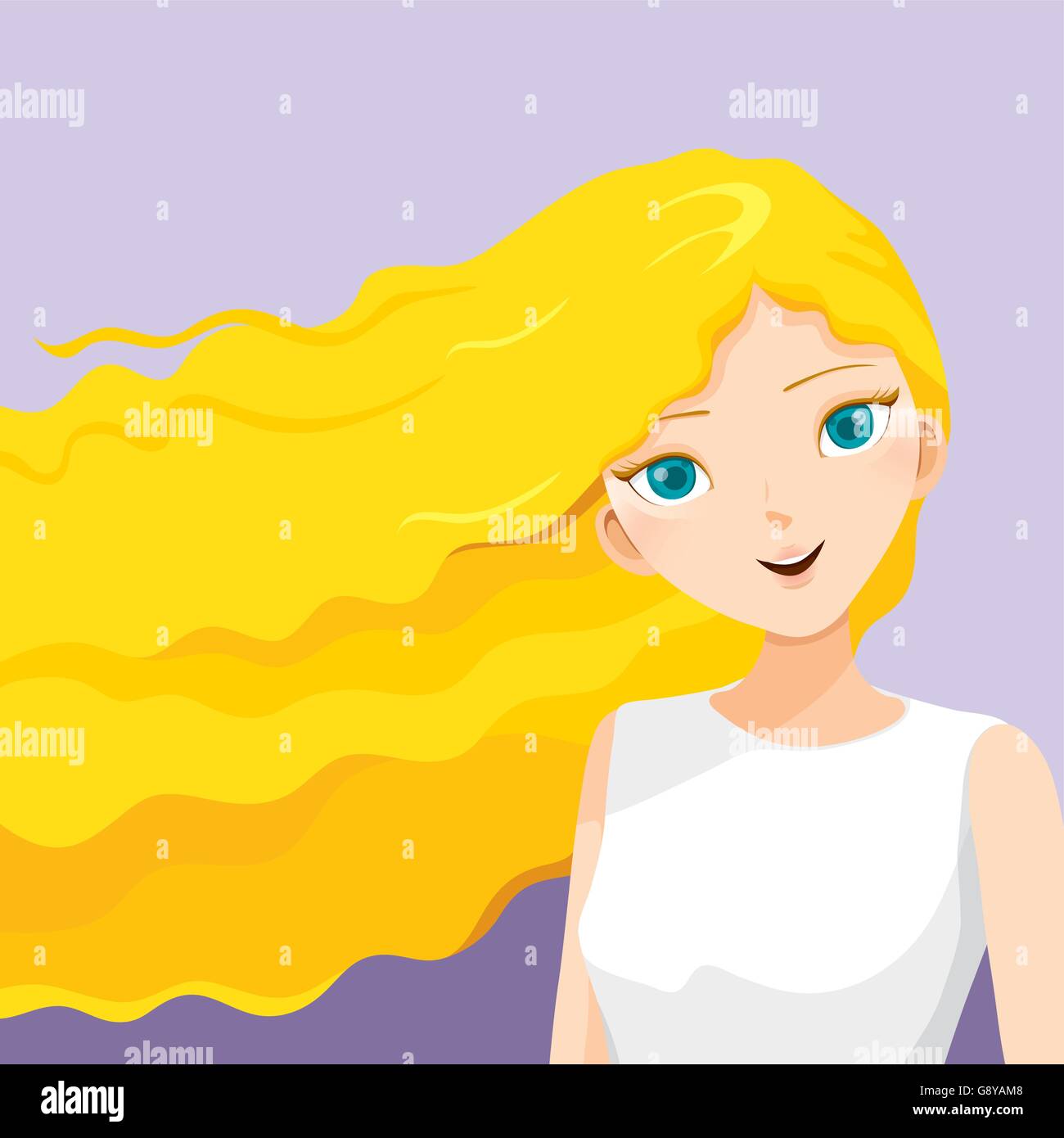Giovane donna con ricci lunghi capelli biondi, al vento, acconciature, bellezza, su sfondo viola Illustrazione Vettoriale