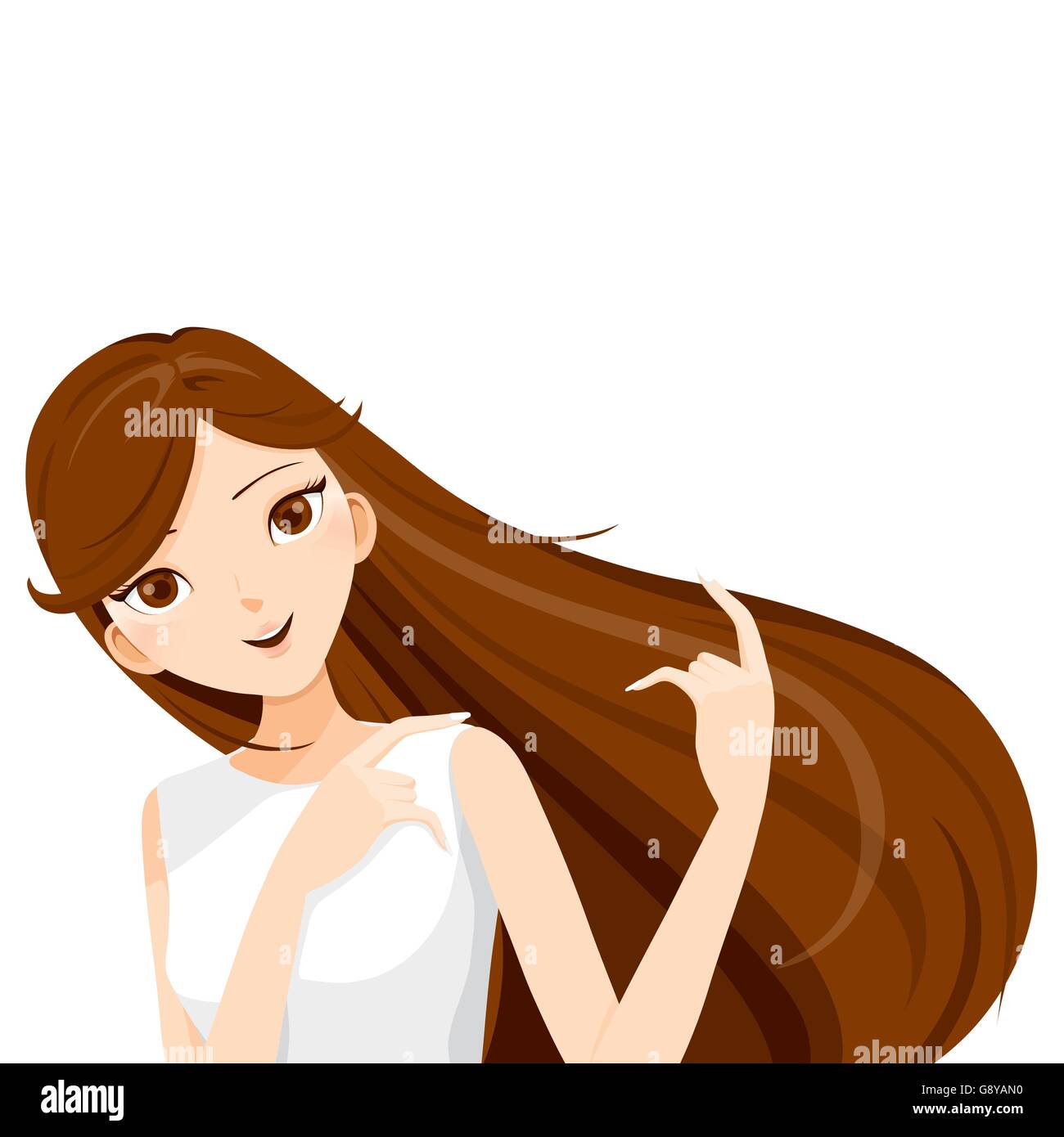 Giovane donna con capelli lunghi marrone, al vento, acconciature, bellezza Illustrazione Vettoriale