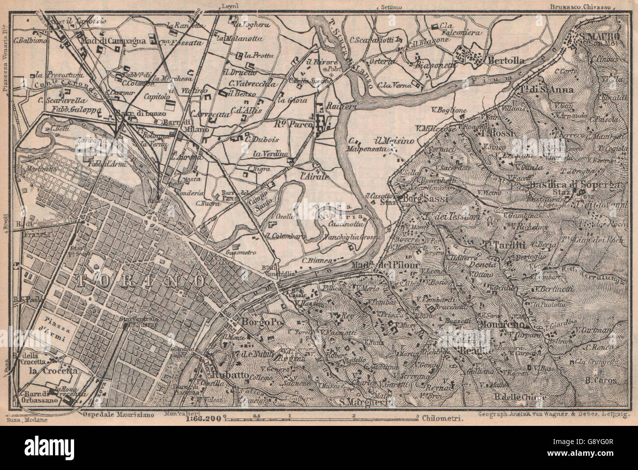Torino Torino Dintorni orientale. Italia mappa. BAEDEKER, 1899 Foto Stock