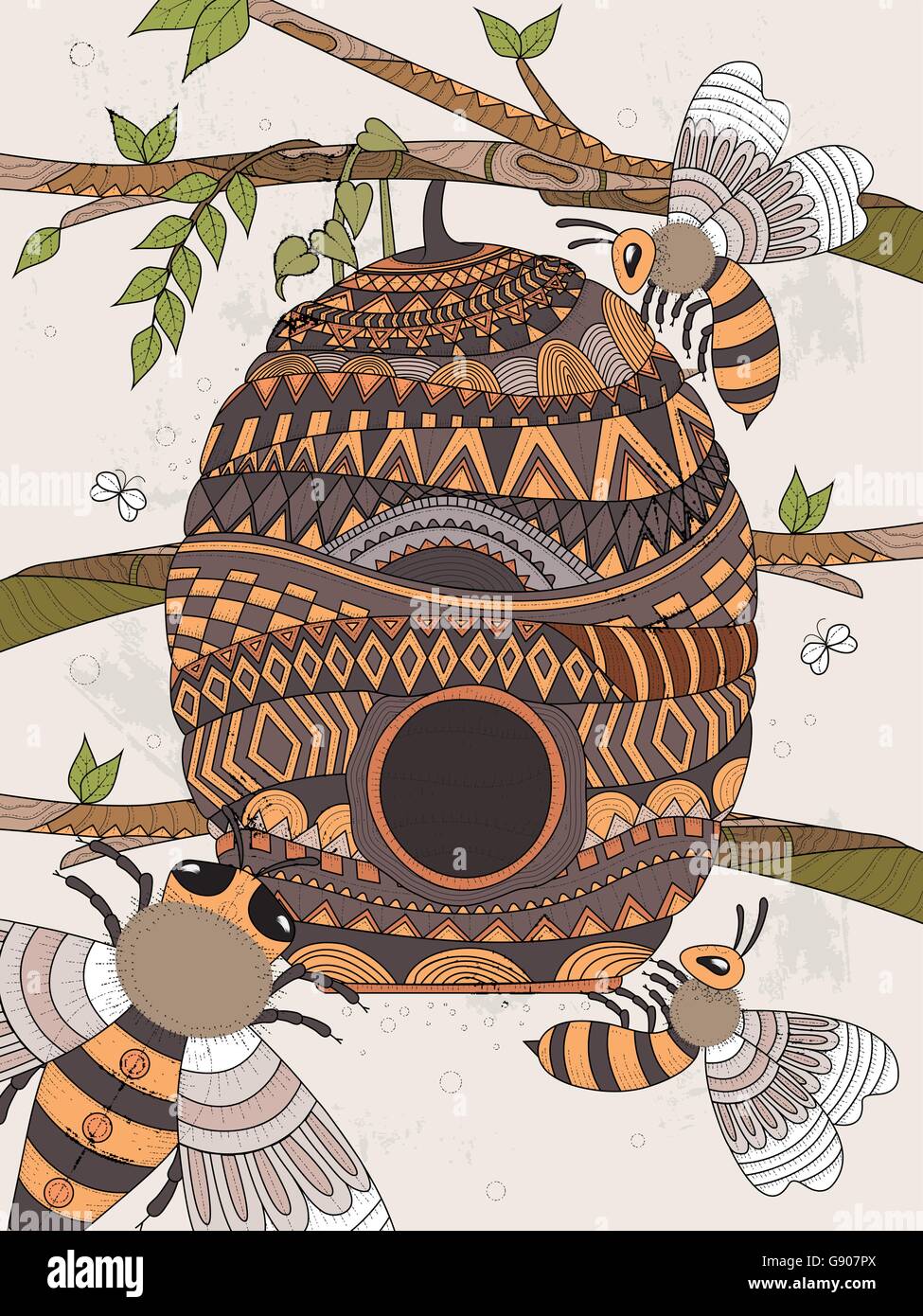 Bee vola attorno a nido d'ape adulta - pagina di colorazione Illustrazione Vettoriale