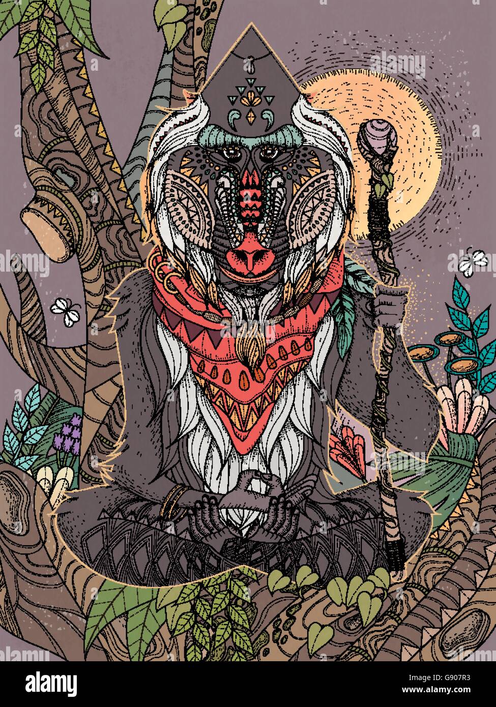 La sapienza elder babbuino attraversato zampe nella struttura ad albero - adulto pagina di colorazione Illustrazione Vettoriale