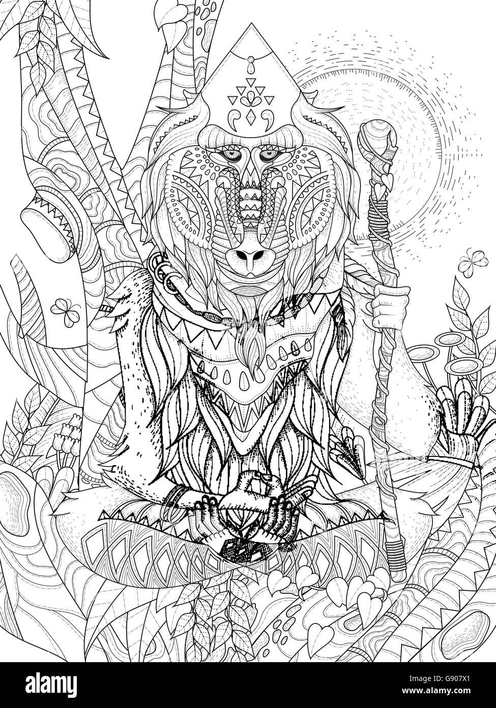 La sapienza elder babbuino attraversato zampe nella struttura ad albero - adulto pagina di colorazione Illustrazione Vettoriale