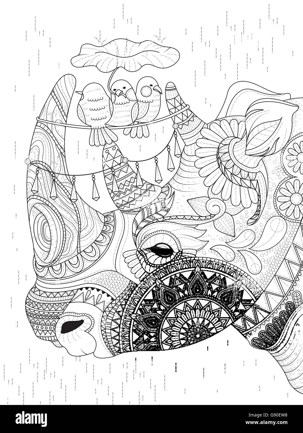 Colorazione per adulti pagina - bella rhino con uccelli Illustrazione Vettoriale