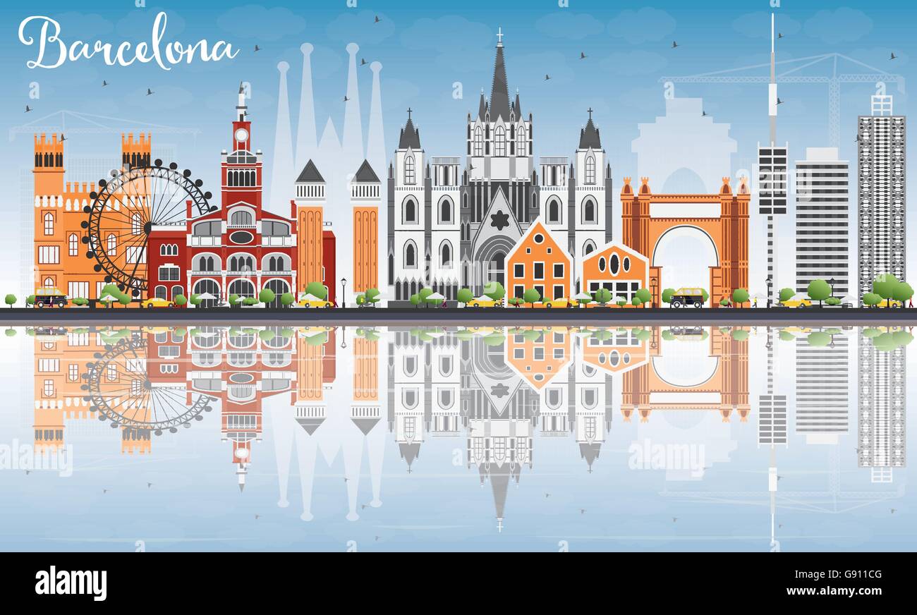 Lo Skyline di Barcellona con edifici di colore, cielo blu e riflessi. Illustrazione Vettoriale. Viaggi di affari e turismo Concept Illustrazione Vettoriale