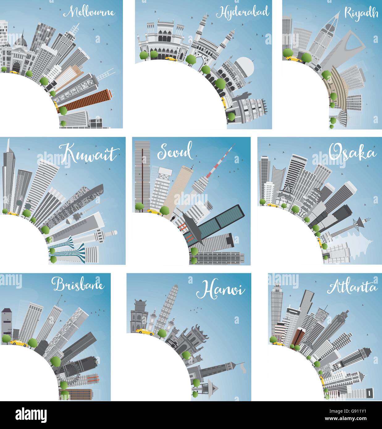 Set di 9 dello skyline della città con copia spazio. Illustrazione Vettoriale. Skyline con punti di riferimento mondiale. Melbourne. Hyderabad. Riyadh. Il Kuwait. Illustrazione Vettoriale