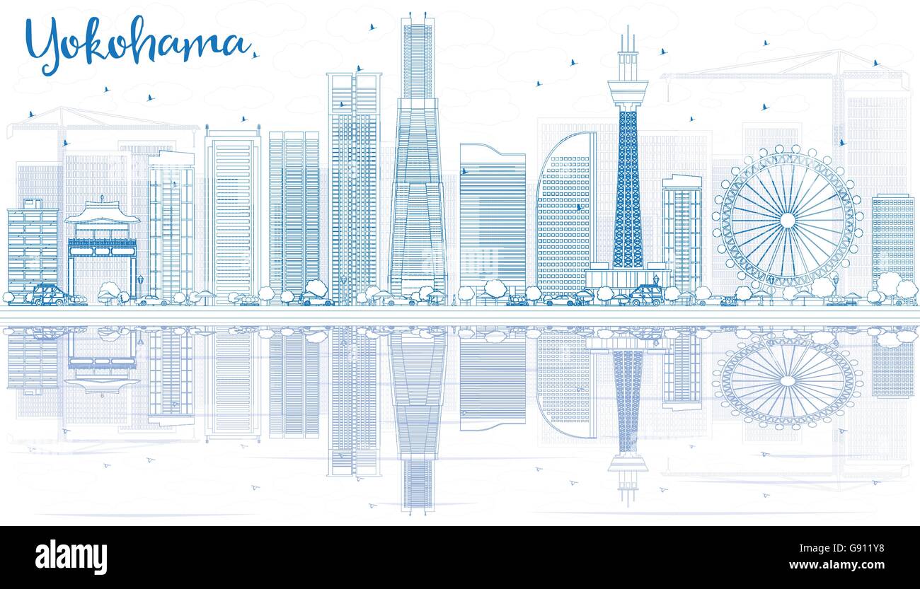 Profilo dello Skyline di Yokohama con edifici blu e riflessi. Illustrazione Vettoriale. Gli affari e il turismo Concept Illustrazione Vettoriale