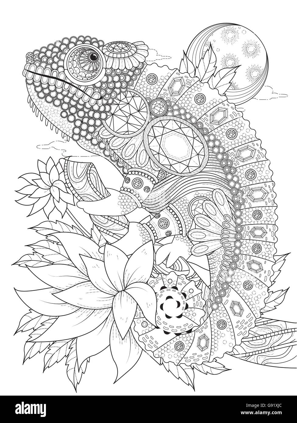 Colorazione per adulti pagina - chameleon adornato con i gioielli Illustrazione Vettoriale