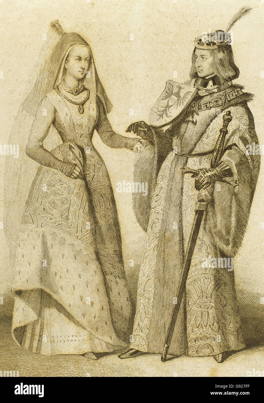 Sacro Romano Imperatore Massimiliano I (1459-1519) con la moglie Maria di Borgogna (1457-1482). Incisione. Foto Stock