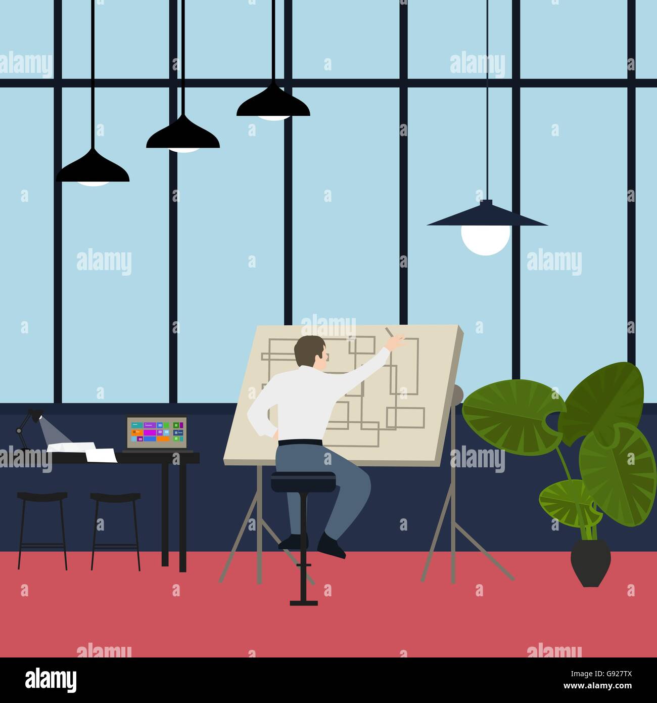 Architetto principale lavora al disegno scrivania in ufficio Illustrazione Vettoriale