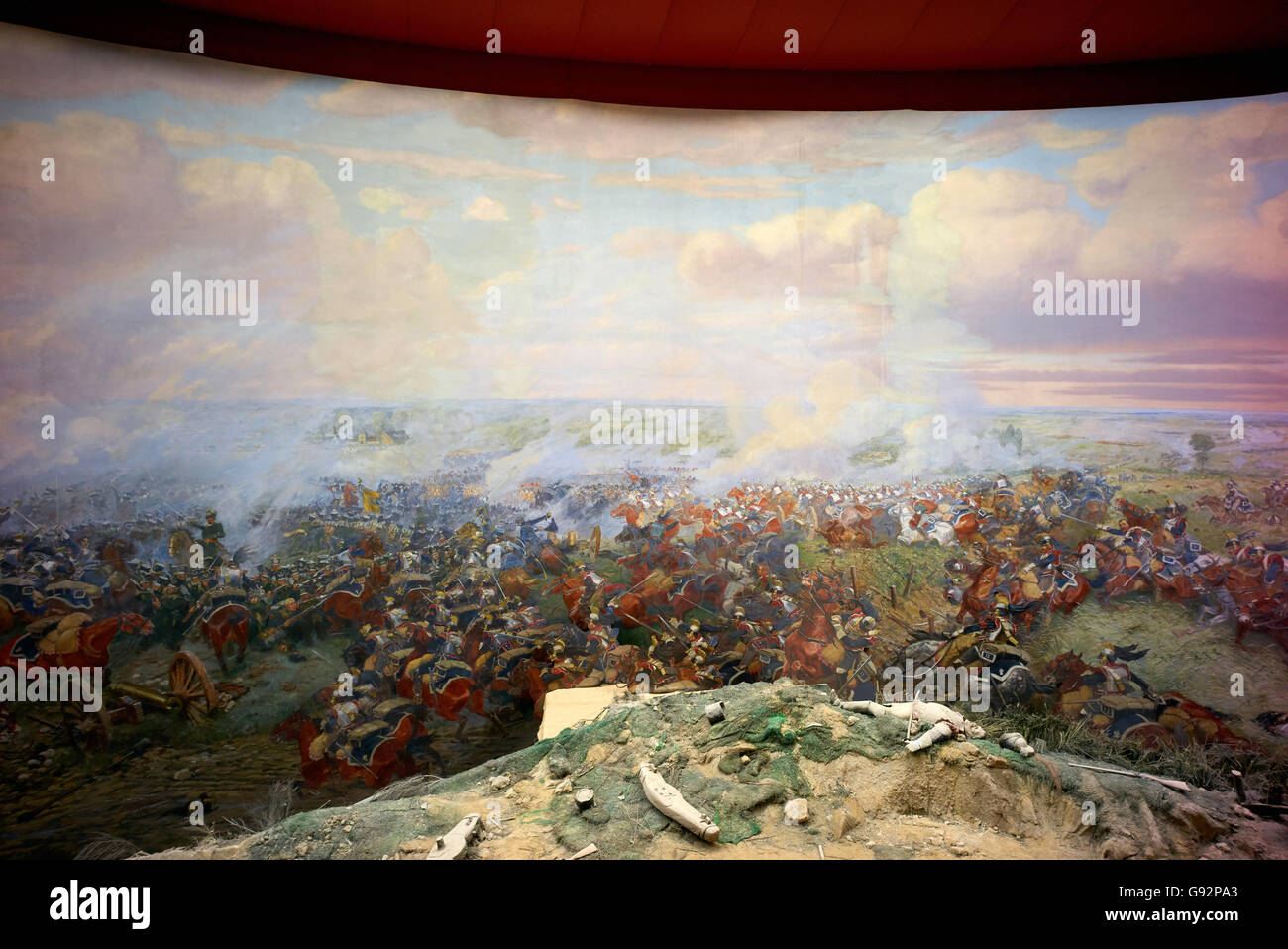 Panorama della battaglia di Waterloo in una rotonda al centro del campo di battaglia aperta nel 1912, una vista a 360 gradi della battaglia da quel punto. Foto Stock