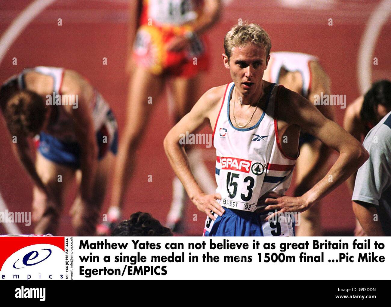 Atletica - 17° Campionato europeo - Budapest. Matthew Yates non può crederlo, in quanto la Gran Bretagna non riesce a vincere una sola medaglia nella finale Mens 1500m Foto Stock