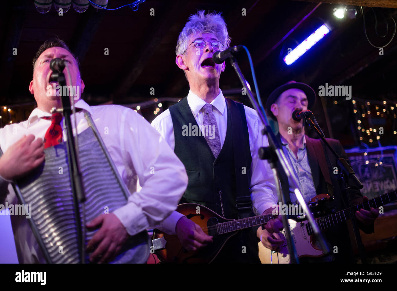 Aberystwyth skiffle band , Railroad Bill (con traditinal washboard player) che si formano quando si trovavano presso università insieme nella città, tornando a giocare un concerto speciale come parte del loro trentesimo anniversario tour in Rummers Bar, Aberystwyth, Sabato 07 Maggio 2016 Foto Stock