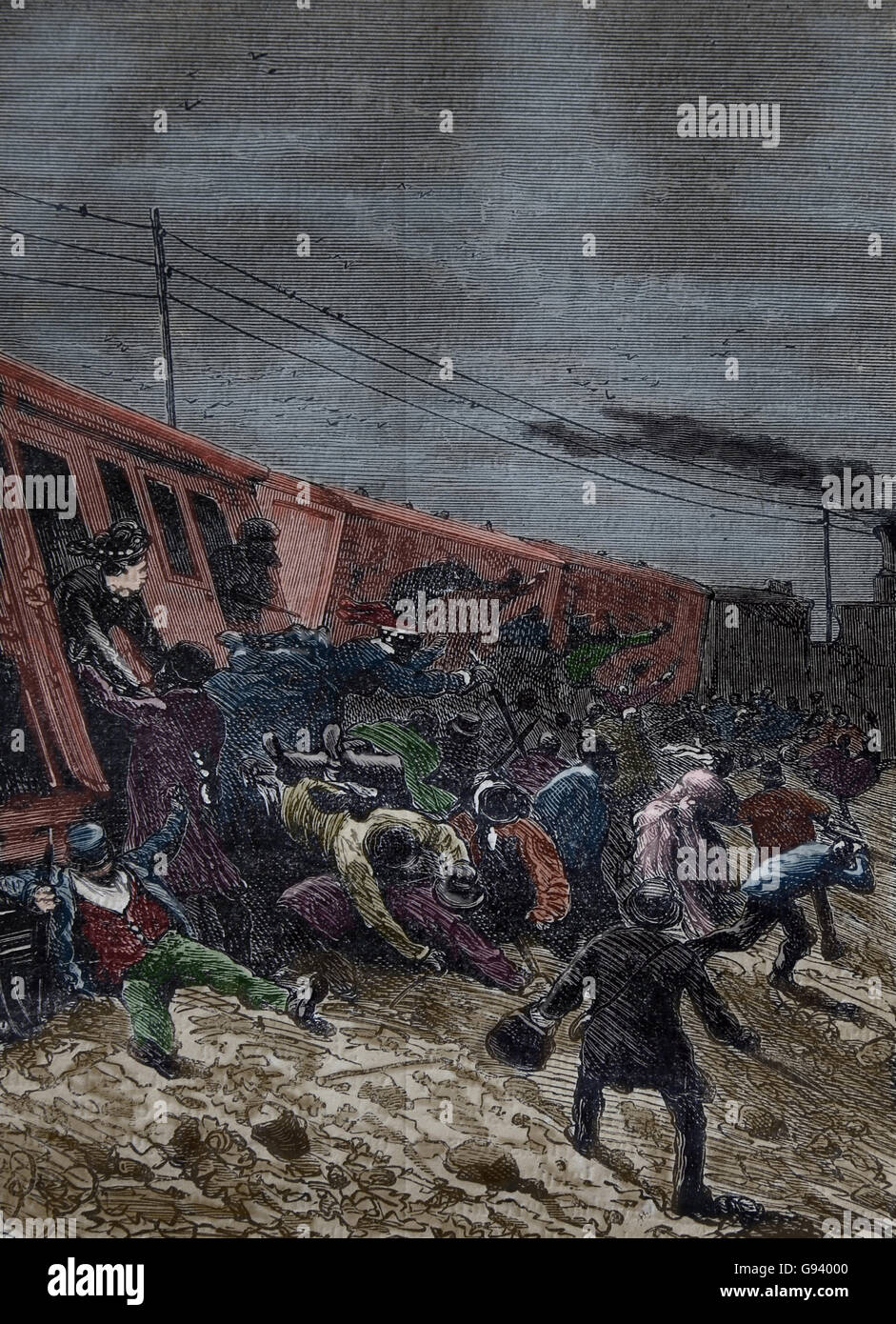 Incidente ferroviario. I viaggiatori in cerca di rifugio. Incisione. Biblioteca Ilustrada di Gaspar y Roig, Spagna. Xix secolo. Colore. Foto Stock