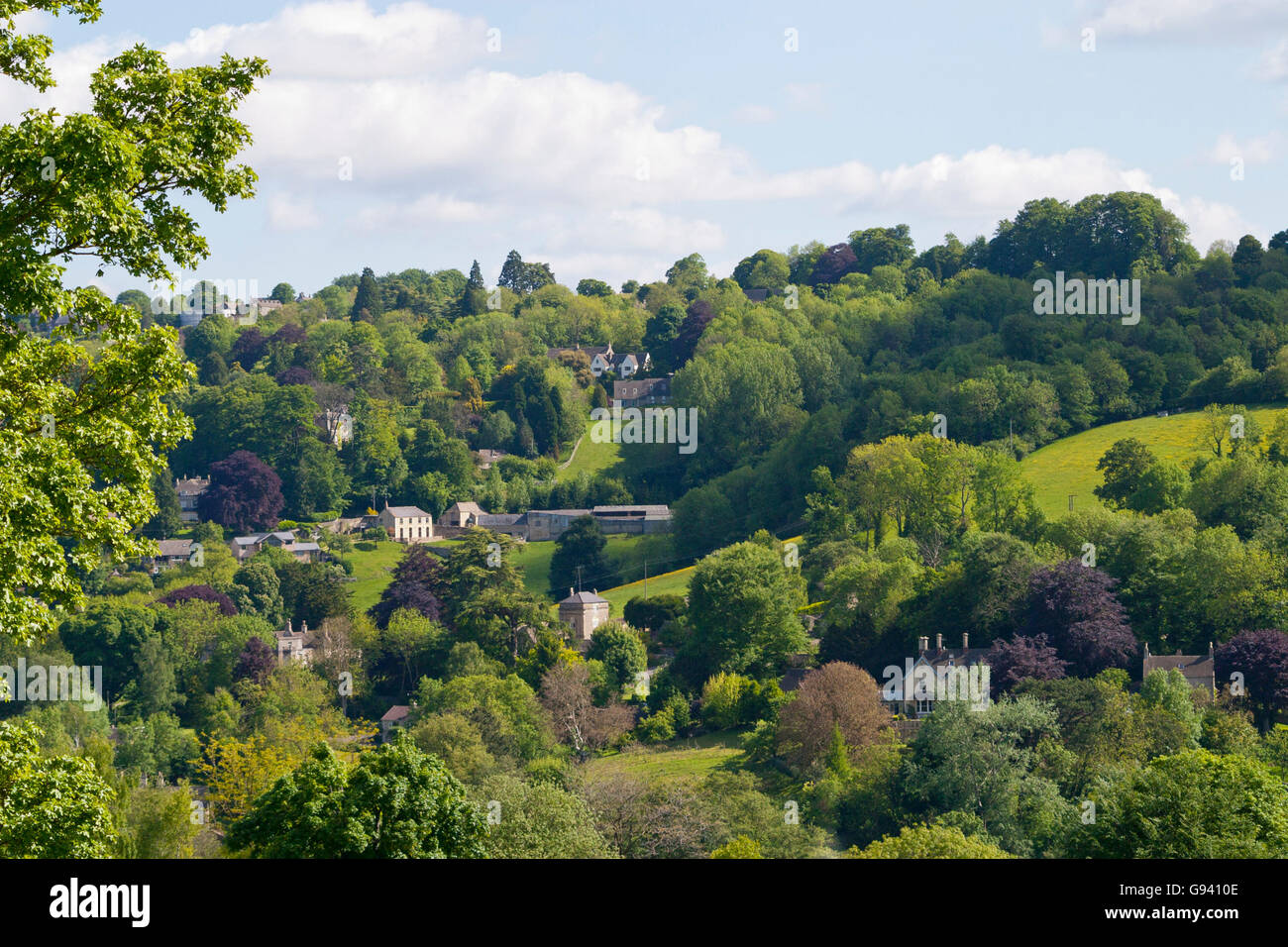 Abitazioni sulla valle boscosa collina vicino a Stroud, Gloucestershire, Regno Unito Foto Stock