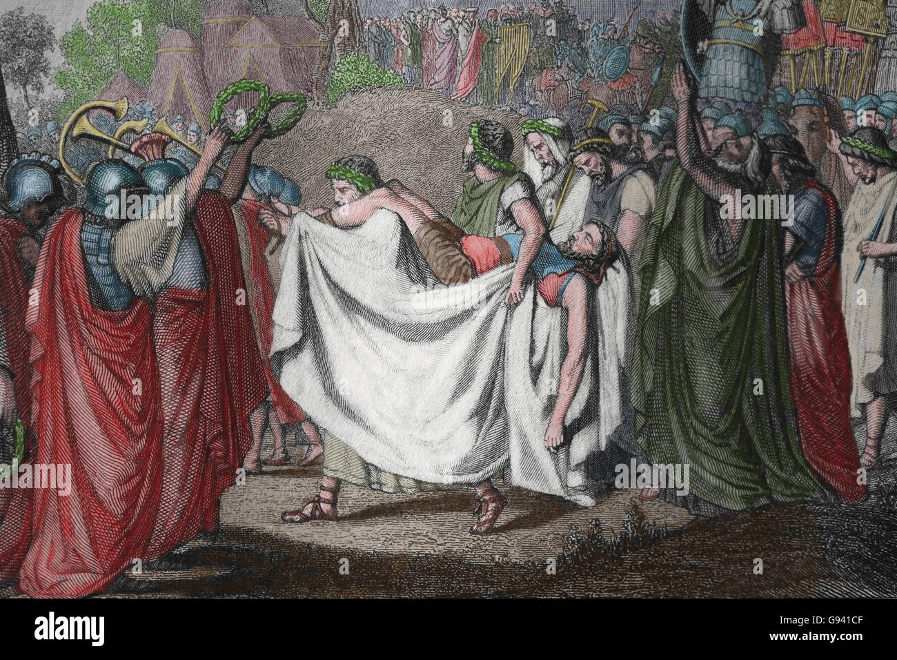 La morte di Viriatus, leader del popolo lusitano che resistette espansione romana in Hispania, 139 BC. Incisione del XIX secolo. Foto Stock
